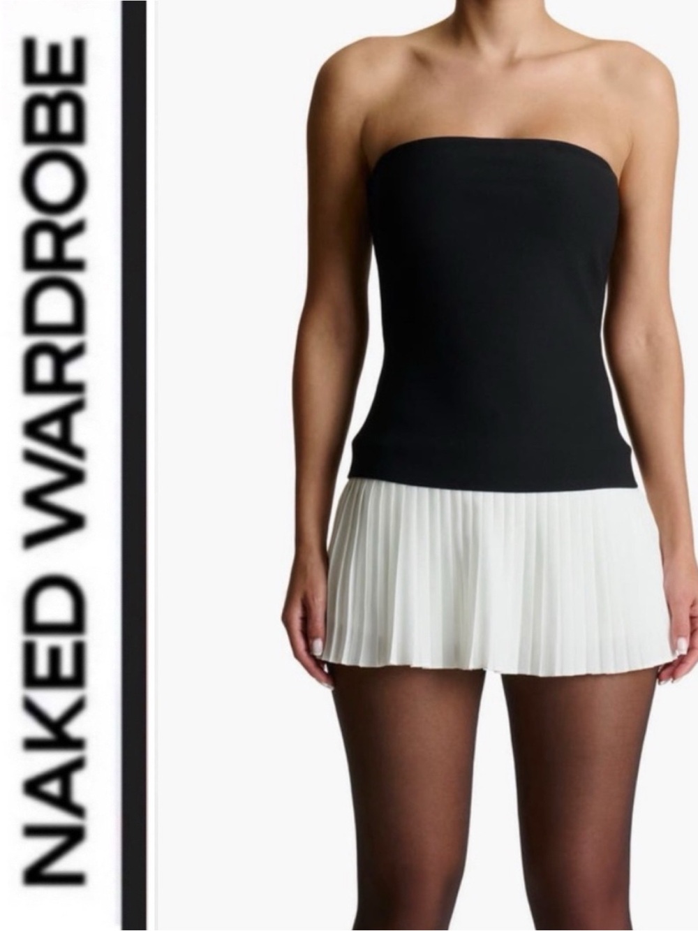 Naked Wardrobe 🖤🤍 Black and White Strapless Pleated mixed media Mini Dress